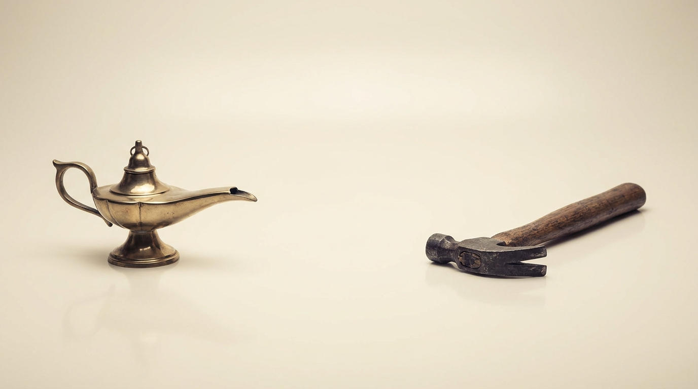 An ornate antique brass genie lamp on the left and a plain worn claw hammer on the right, set apart on a warm cream background. One promises wishes, the other does a specific job.