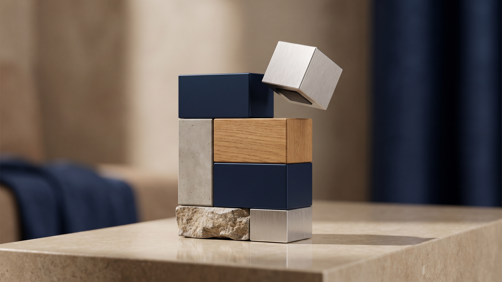 A modular stack of stone, wood, and metal blocks on a stone ledge, one metal block lifting away while the structure holds.