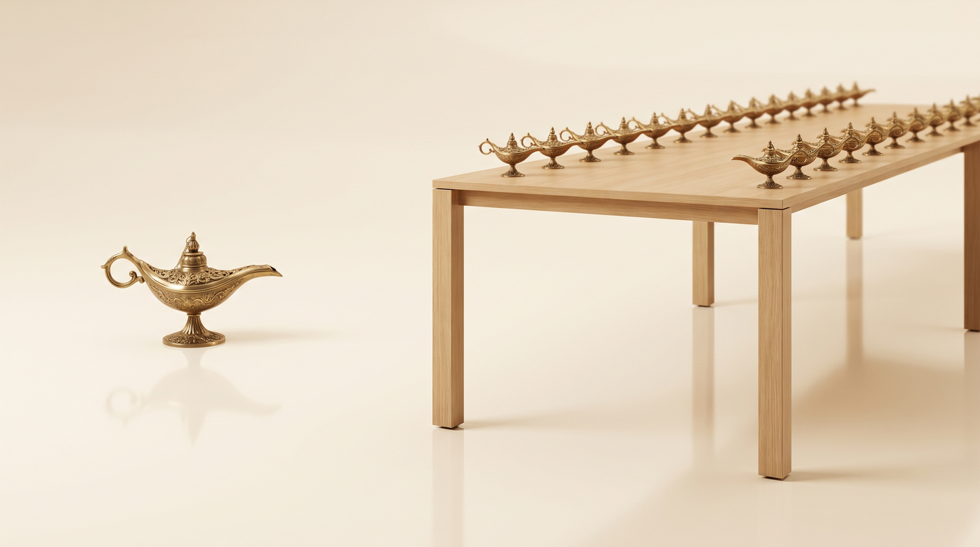 A single brass genie lamp sits alone on the left of a warm cream background. On the right, the same lamp is repeated at every seat around a long boardroom table. One wish, granted to a whole room at once.