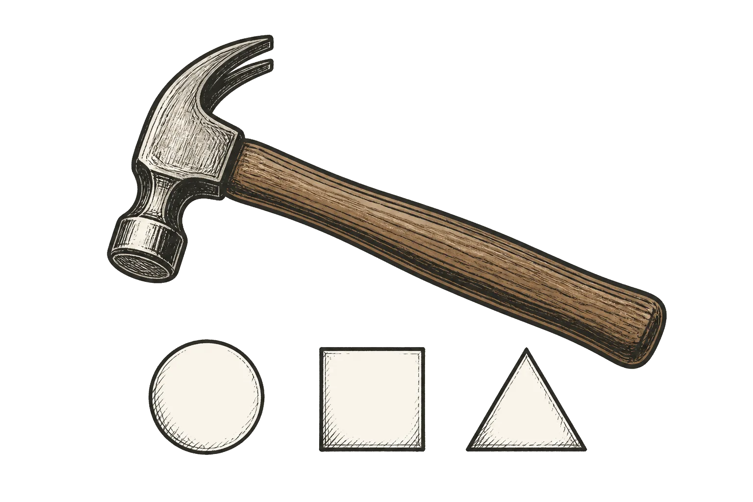 A carpenter's hammer hovering above a circle, square, and triangle, illustrating that one tool does not fit every kind of work