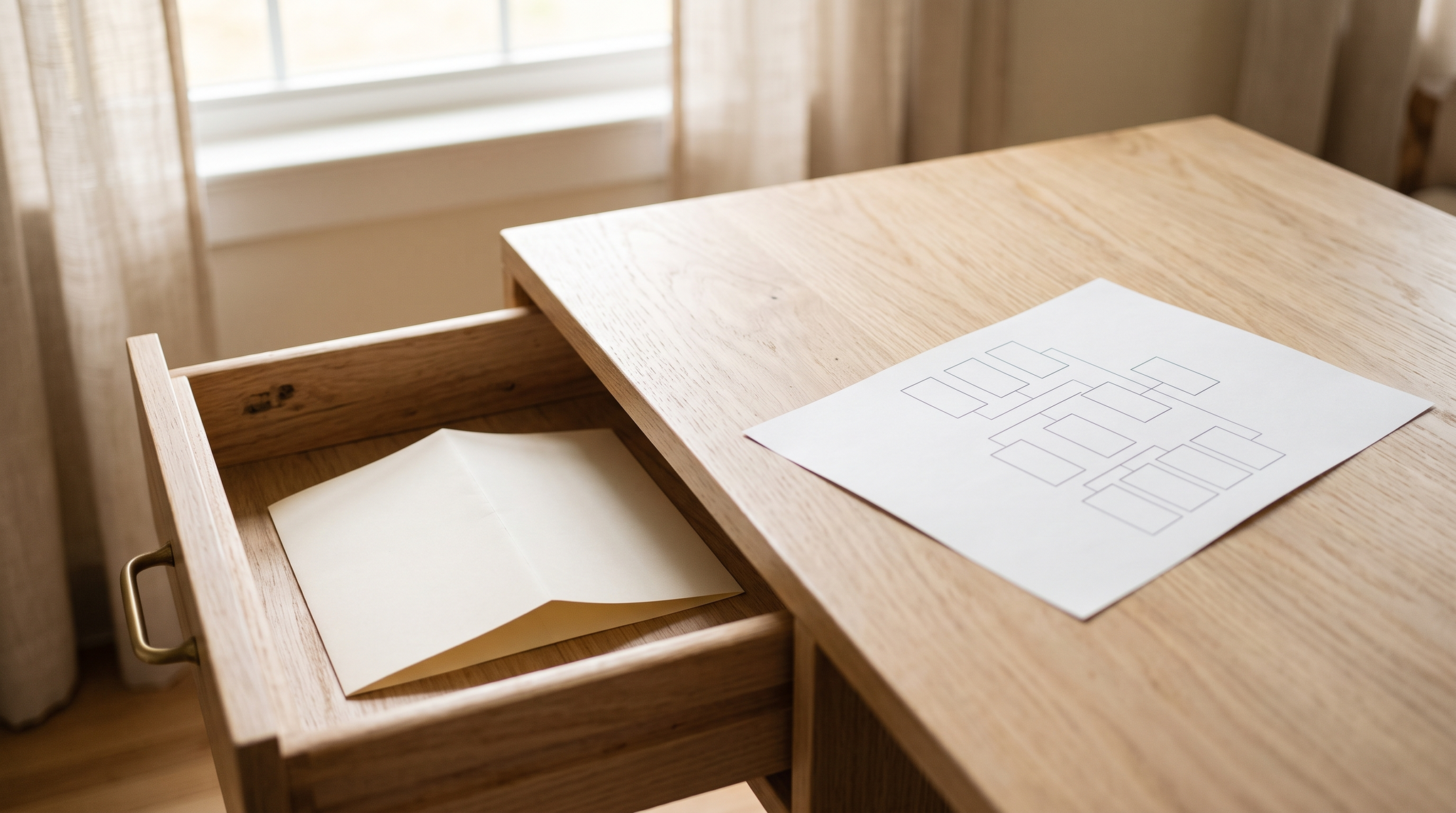 A wooden desk drawer pulled open a few inches with a plain folded letter tucked halfway back inside it, as if being quietly put away instead of sent. On the desk beside it, a printed page shows a simple organizational chart of empty connected boxes, unchanged.