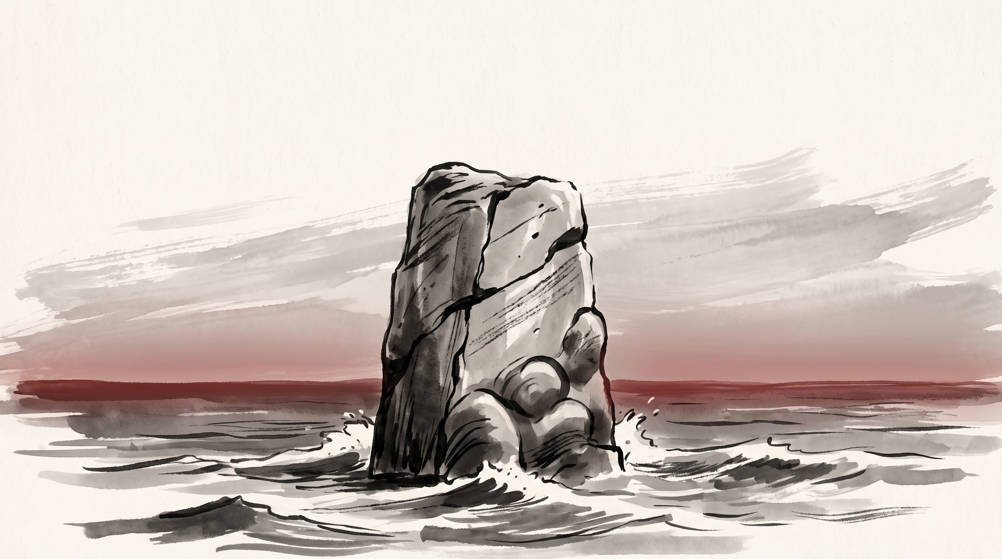 Editorial ink-wash illustration of a solitary stone pillar standing amid breaking ocean waves, muted paper tones with a deep red horizon line.