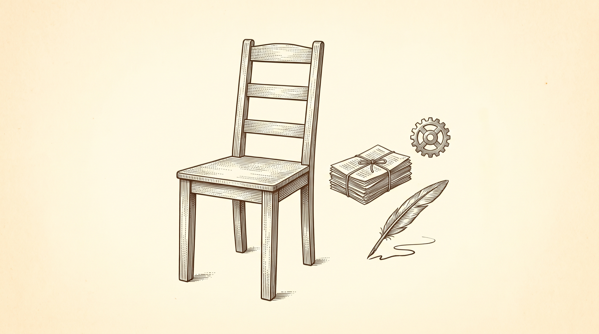 A vintage engraved illustration of a single empty wooden chair on a plain cream background. Beside it, a small trail of icons -- a bound stack of papers, a gear, a quill pen -- drifts away and shrinks into the distance, as if carried off elsewhere.