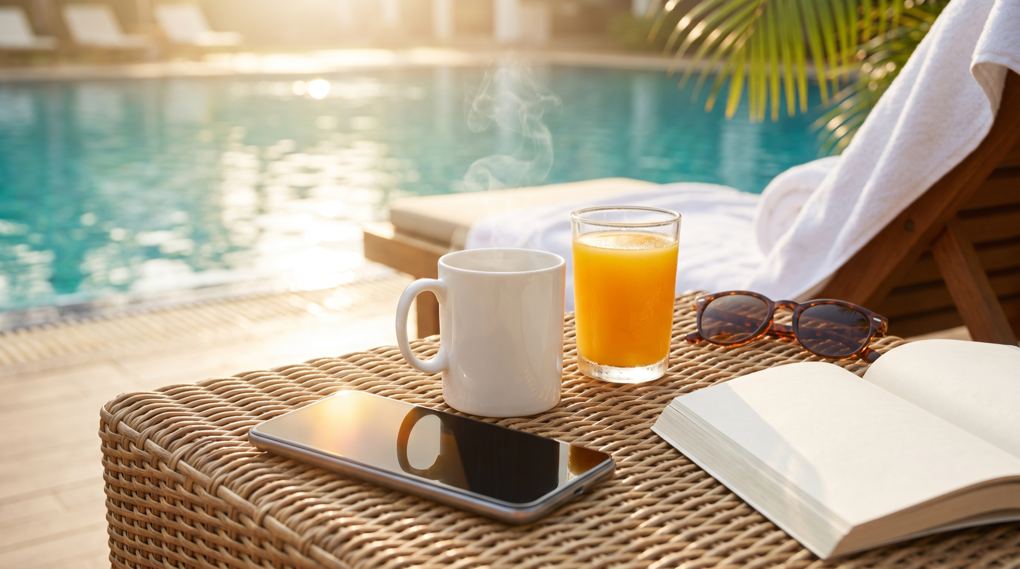 A poolside lounge chair at golden hour, with a wicker side table holding a steaming white mug, a glass of orange juice, folded sunglasses, and an open book. A smartphone lies on the table beside them, screen dark, close enough to reach without getting up.