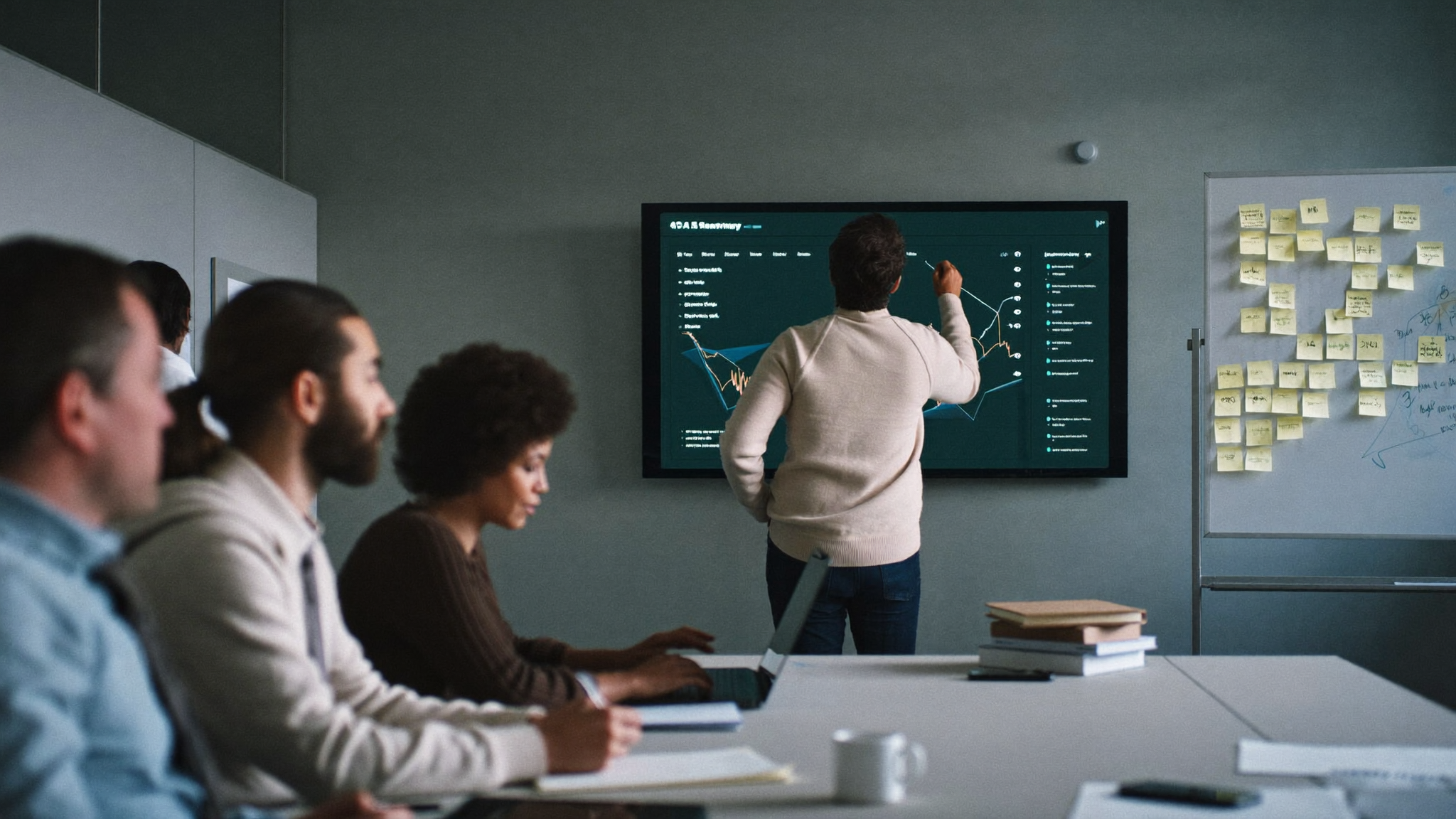 A team in a meeting room watching a polished new AI dashboard on the wall screen, while a whiteboard of handwritten sticky notes sits beside it. The tool is deployed, but the way the work gets done has not changed.